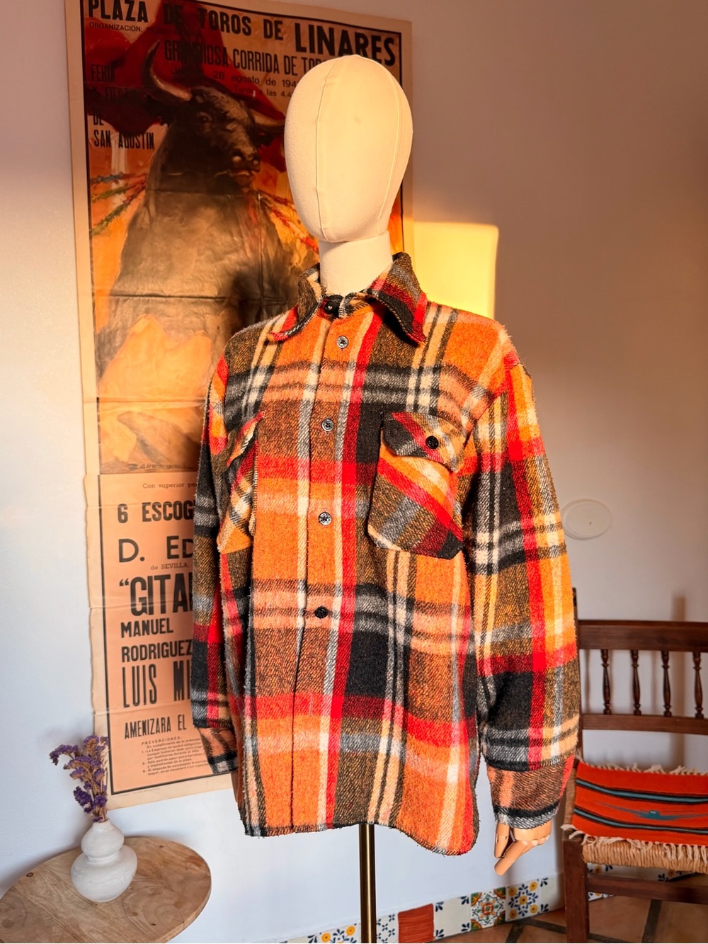Vintage 70s Renaultable By King Arthur Plaid Wool Shacket in Orange and Red L